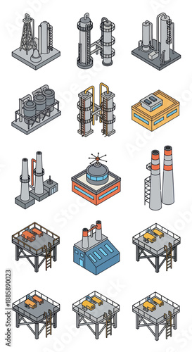 Industrial Equipment Icons Set for Manufacturing Processes.