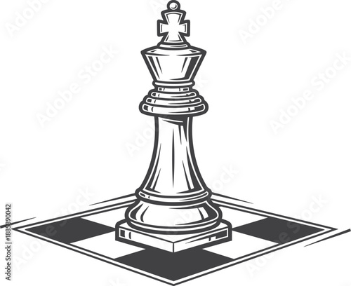 A detailed vector illustration of a classic chess king piece standing on a checkered board section against a plain white background
