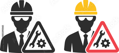 Two construction worker with tools and warning signs