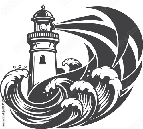 A black and white vector illustration of a sturdy lighthouse standing tall in the middle of a swirling ocean storm with powerful waves and a strong guiding light