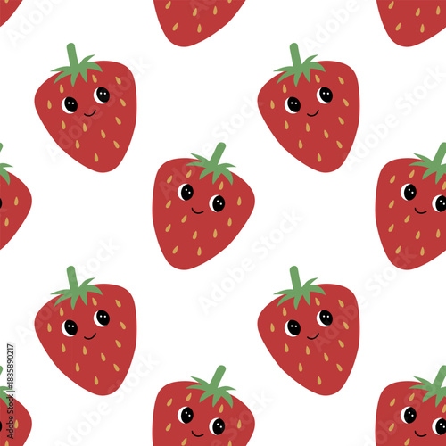 Seamless pattern with kawaii smiling strawberry. Eyes, cute face, happy friendly character. Berry, food. Vector isolated on white