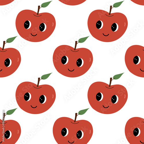 Kawaii apple with smile seamless pattern. Eyes, cute face, happy friendly character. Vector isolated on white	