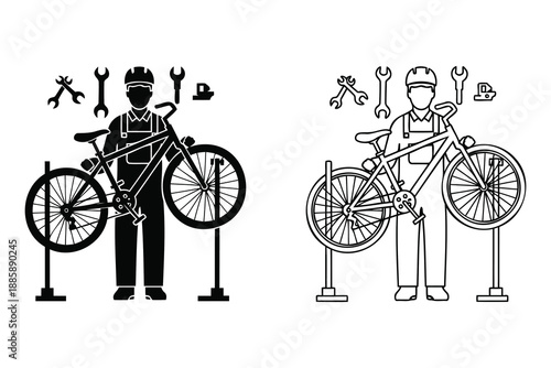 Bicycle mechanics with tools and bikes in black and white line art illustration