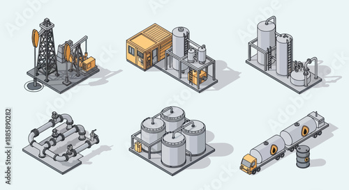 Oil Refinery Equipment and Machinery Illustrations.