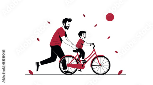 Father teaching son to ride a bicycle together outdoors.