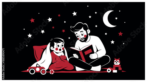 Father reading a bedtime story to his daughter under the stars.