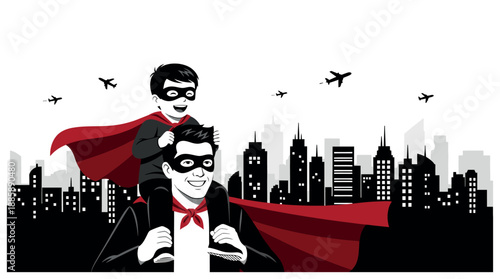 Father and son dressed as superheroes standing in front of a city skyline.