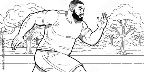 Athletic man jogging in park with trees background hand drawn engraving style