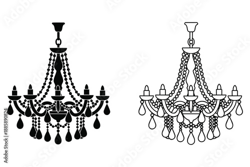 black and white chandelier silhouettes with crystals hanging from ceiling light fixtures