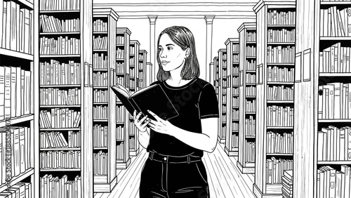 Young woman reading book in library surrounded by bookshelves