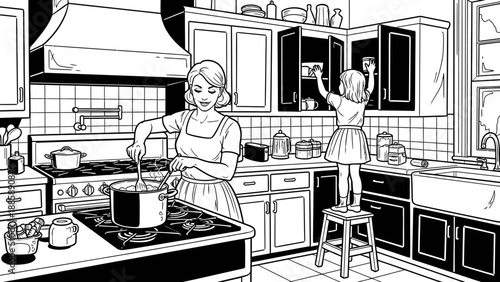 Mother and daughter cooking in vintage kitchen together