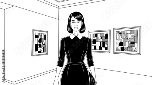 Woman in black dress standing in art gallery looking at paintings