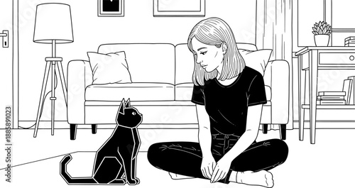 Young woman sitting on floor at home looking at black cat line art illustration