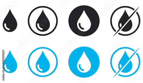 Water drop vector icon set, black and blue water drop symbols, circular design, waterproof surface warnings, safety signage, product labels, instruction manual illustration