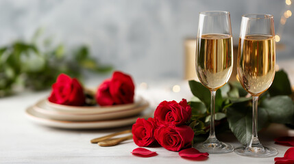 Valentine's day table setting with red roses and champagne glasses on concrete background romantic dinner arrangement love celebration elegant presentation greeting card