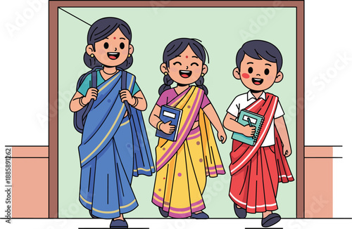 Cute cartoon illustration of Indian school children wearing traditional saree and uniform, carrying books, walking together, education concept