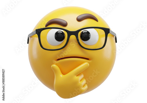 Thinking emoji with glasses and hand on chin, 3D nerd emoticon face, yellow smart character icon for education and problem solving, PNG format