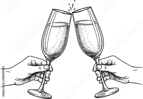 Two hands making a celebratory toast with champagne glasses