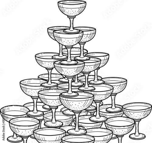 Champagne coupe glass tower pyramid for celebration event, elegant festive arrangement, vintage sketch style