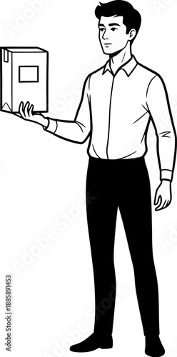 Man holding small box, delivering package, casual shirt and pants, clean background vector