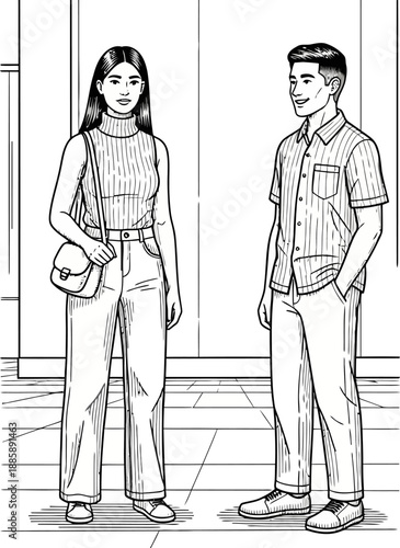 Couple standing in elevator waiting for doors to open, modern interior design, black and white vector illustration