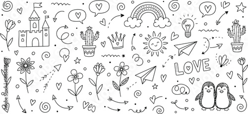 Hand drawn doodle love pattern with hearts, flowers, stars, arrows, rainbow, cute icons, romantic valentine background illustration