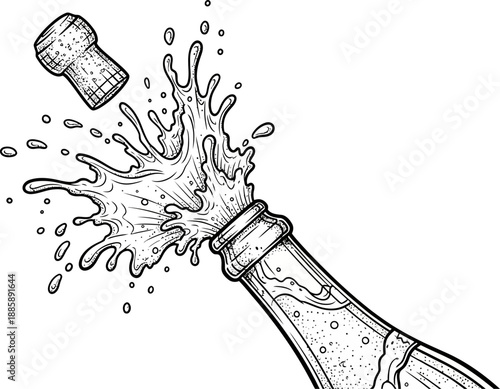 A champagne bottle uncorking with a cork flying and liquid splashing out, celebration moment