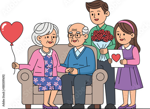 Happy grandparents sitting on sofa with adult children giving flowers and heart card, love, care, family bonding, cartoon illustration