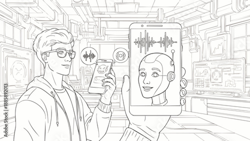 Young man uses smartphone with AI voice assistant, interacting with a friendly robot head. Concept of future technology, human-machine communication, and artificial intelligence.