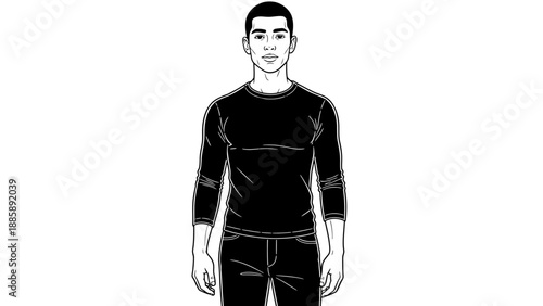 Full length portrait of muscular young man standing in tight long sleeve shirt and jeans line art