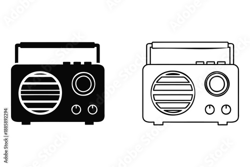 black and white radio icons with handle and dials on transparent background