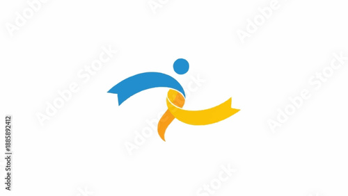 Abstract human figure running with blue and yellow ribbons.