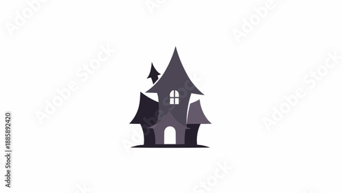 Spooky haunted house with pointed roofs and glowing window at night.