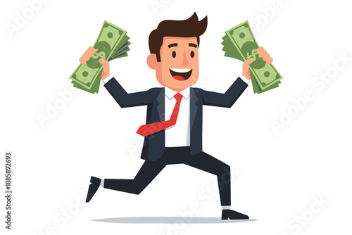 cartoon businessman running with stacks of dollar bills in hands happily