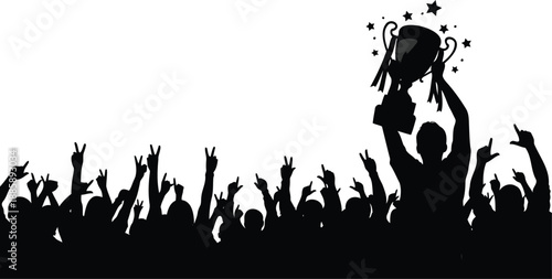 Fans cheering with trophy silhouette vector for sports victory and celebration.