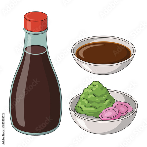 Bottle of Soy Sauce with Dipping Sauce and Wasabi