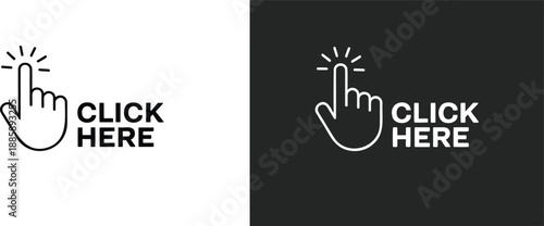 Black and white click here with hand pointer finger