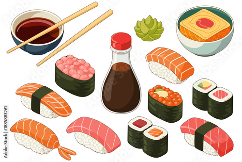 Colorful Assortment of Sushi and Soy Sauce Illustration