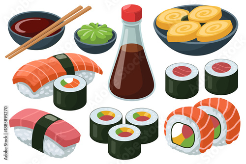 Colorful Sushi Platter with Soy Sauce and Wasabi