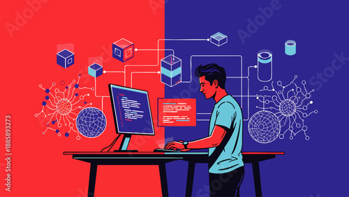 Young man coding on computer, surrounded by abstract digital elements and data flow diagrams, representing technology and innovation.