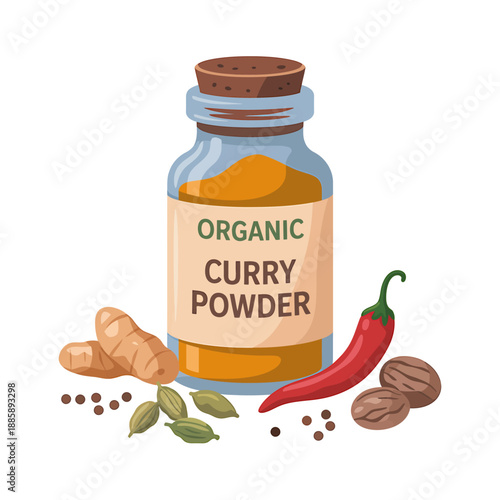Organic Curry Powder Spice Jar with Ingredients Illustration