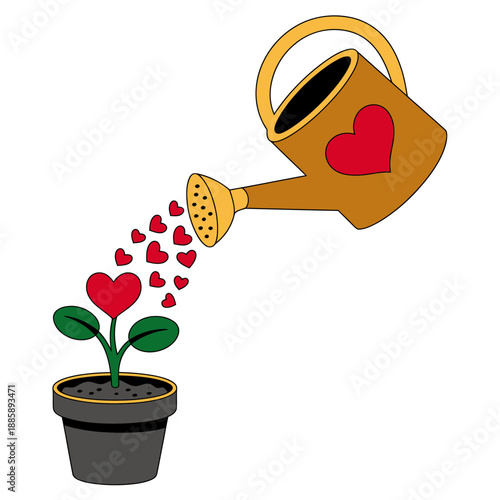 Watering plant with heartshaped watering can in a pot