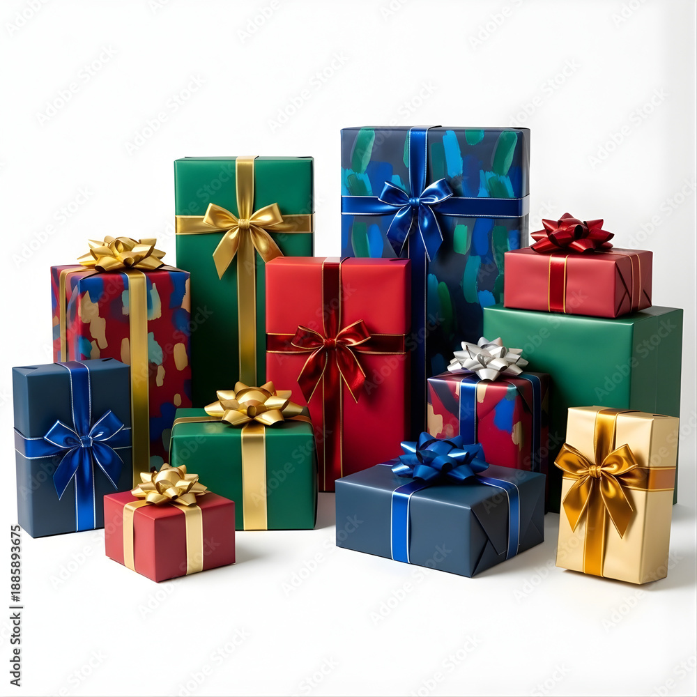 Fototapeta premium Luxury Gift Box Stack with Silk Ribbon – White Background