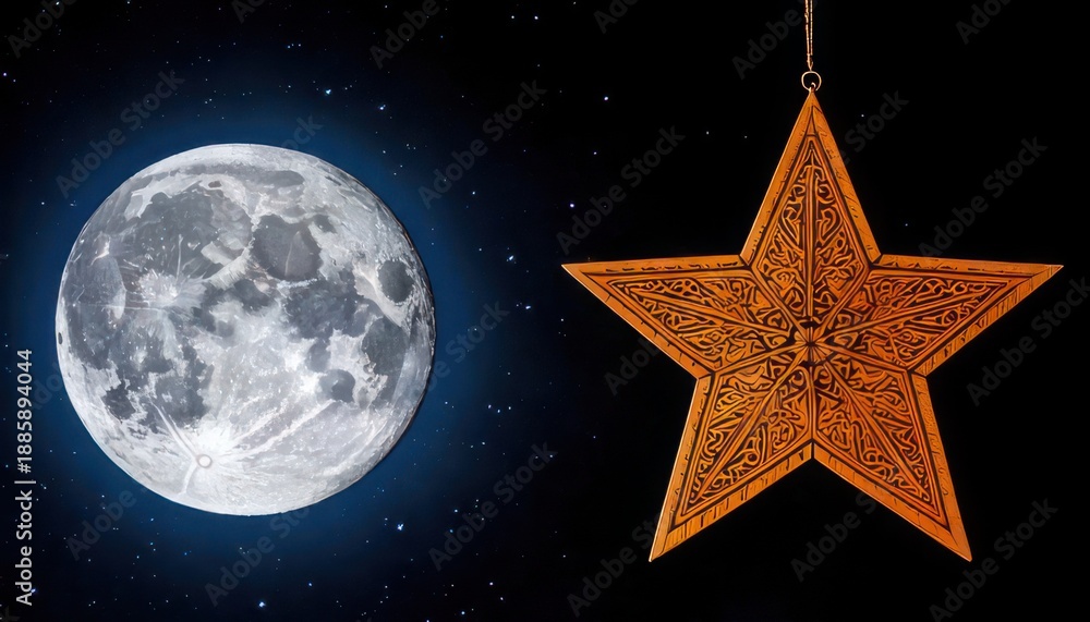 Obraz premium Celestial Harmony - A Full Moon and a Golden Star in the Night Sky.