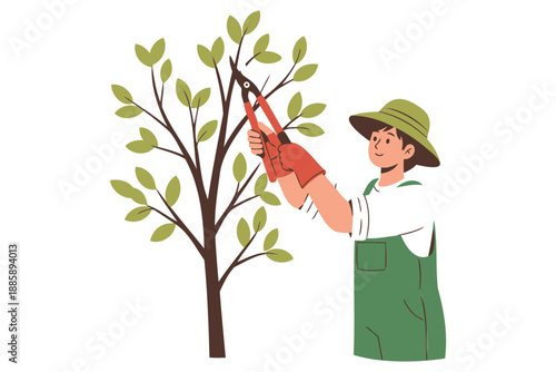 Man in green overalls and hat pruning tree with large red shears outdoors