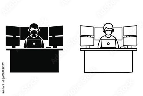 people working on laptops at office desks with multiple computer monitors  office workers using computers