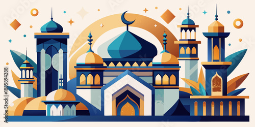 Vibrant mosque illustration with a crescent moon and star, celebrating islamic culture and festive spirit