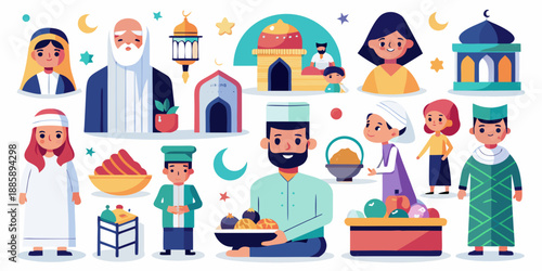 Vibrant compilation of muslim characters, religious symbols, and festive elements