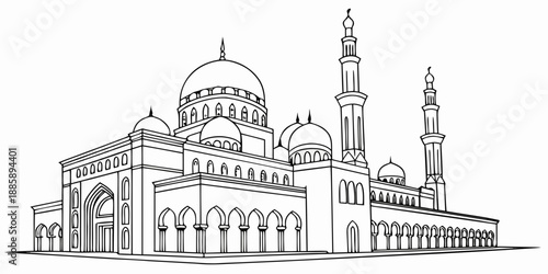 Elegant line art illustration of a grand mosque with domes and minarets, perfect for religious themes