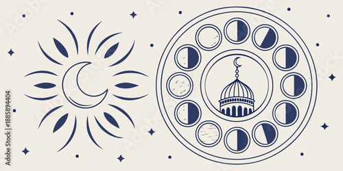 An artistic depiction of the lunar cycle, mosque dome, and radiant crescent moon symbol